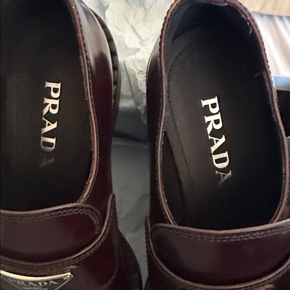 Prada Women's Triangle Logo Loafers Spazzolato Leather Dark Burgundy - Picture 8 of 12